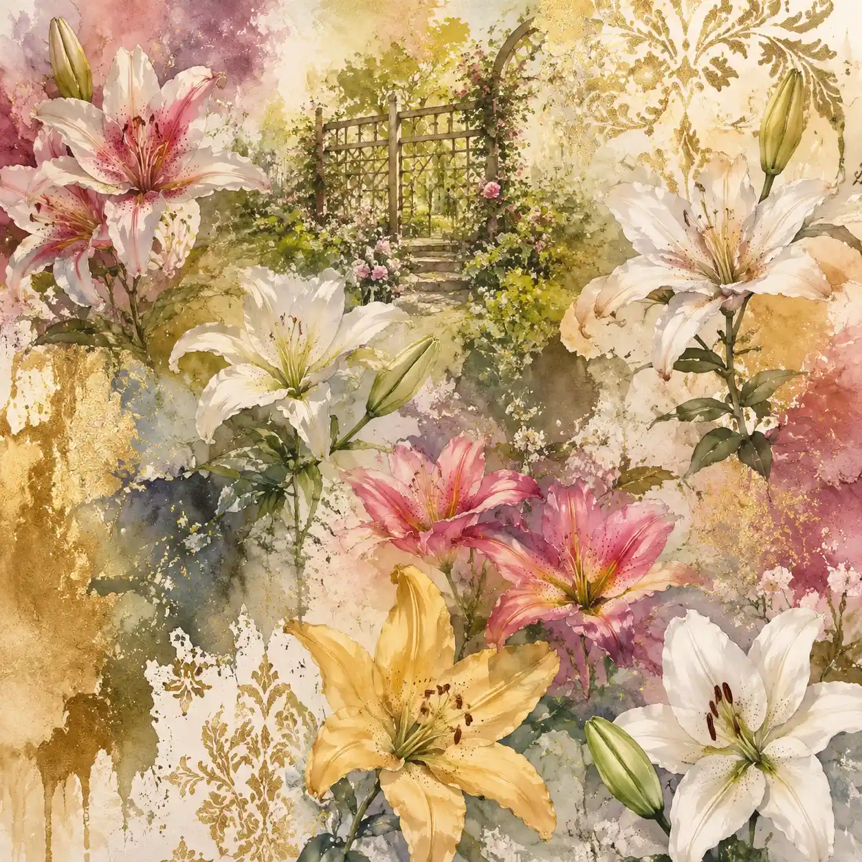 Watercolor lilies in a decorative garden moodboard