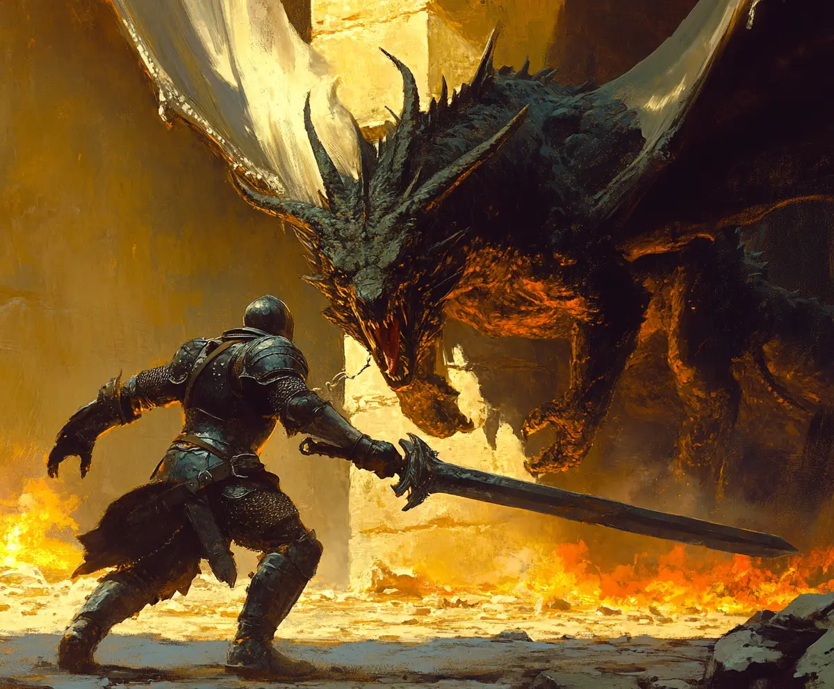 Chevalier médiéval face à un dragon gigantesque au crépuscule