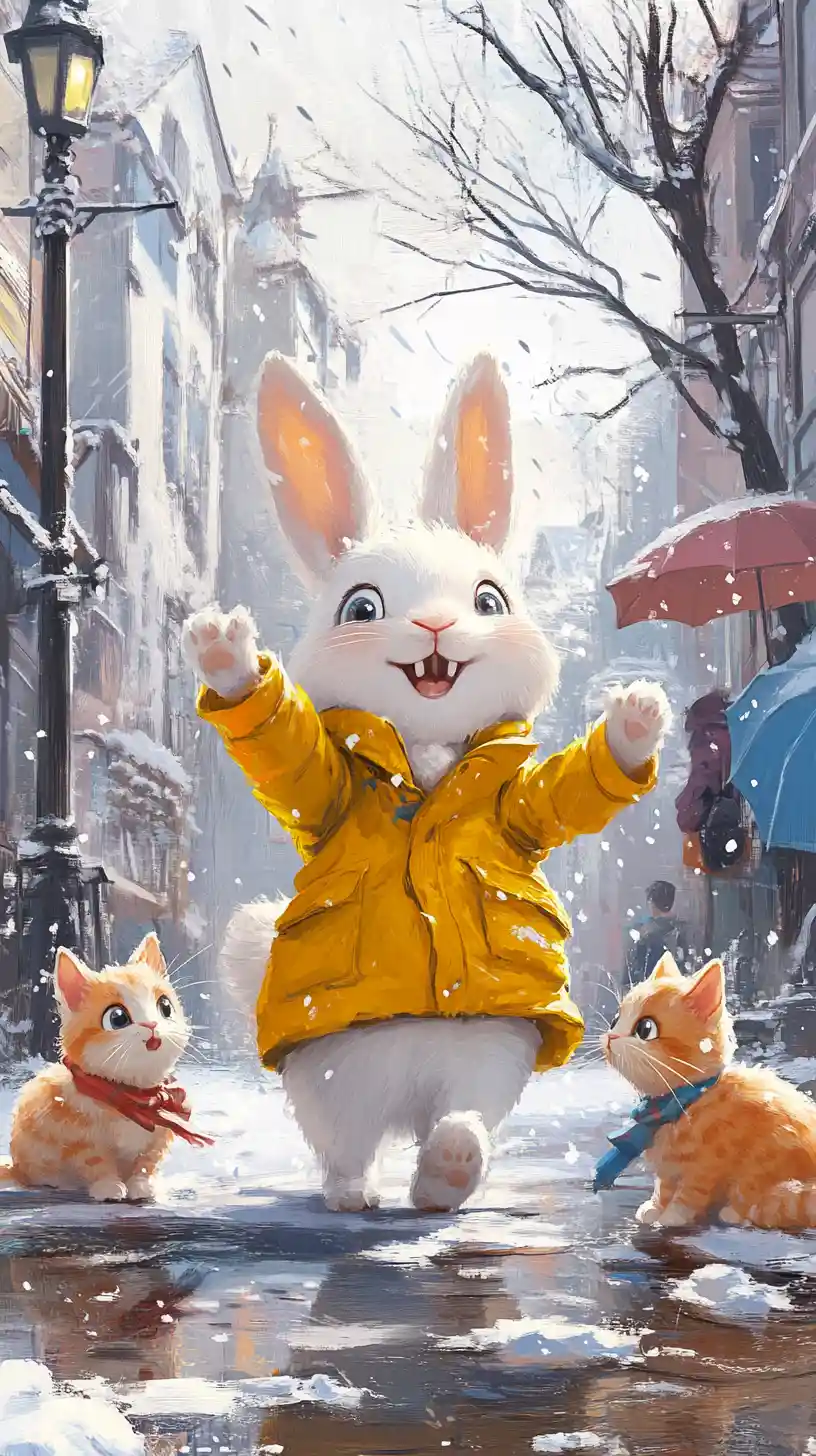 Conejo alegre y gatitos en una calle nevada de invierno