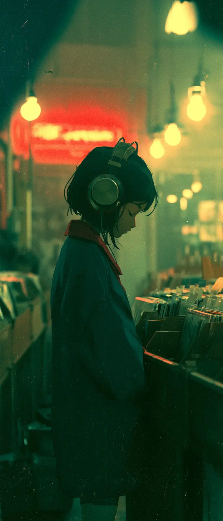 Anime girl in vintage record shop with headphones
