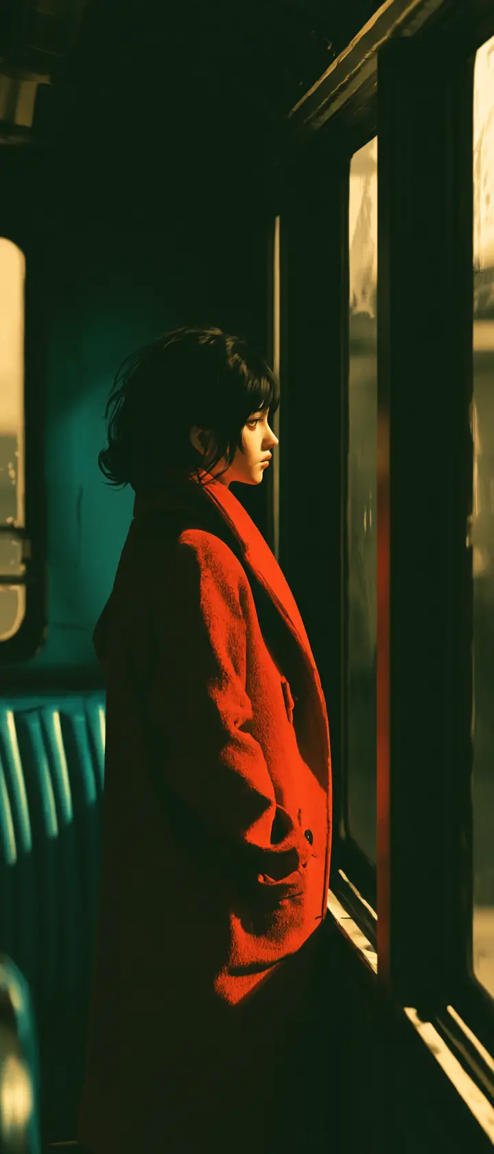 Ragazza anime che guarda dal finestrino di un treno d’epoca alla luce del sole