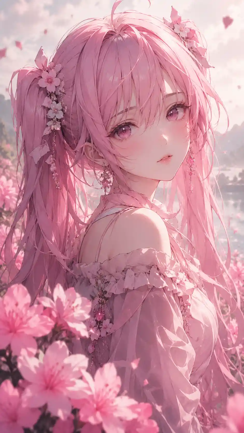寧靜花園中的粉髮動漫少女
