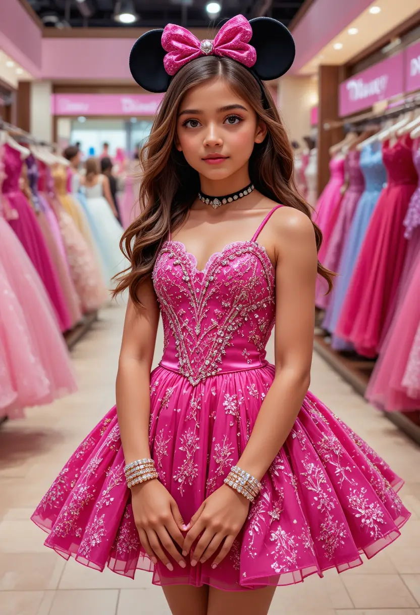 Junges Mädchen im rosa Minnie-Kleid im Kleiderladen