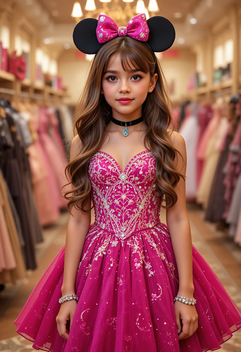 Menina jovem com vestido rosa da Minnie Mouse em loja de vestidos