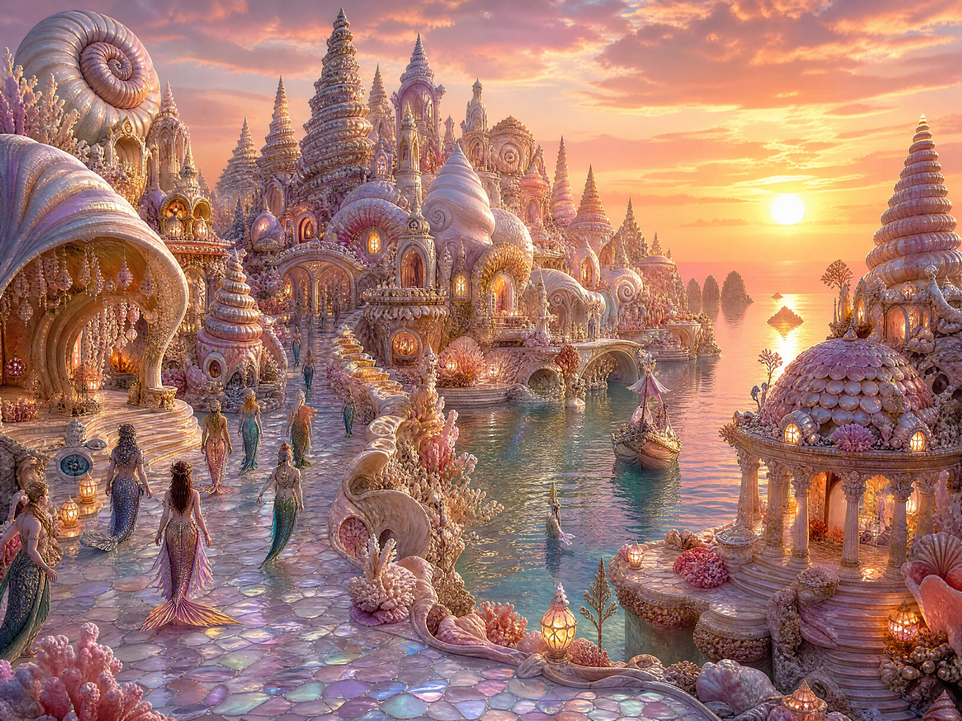 Cidade fantástica de conchas brilhando no pôr do sol acolhedor