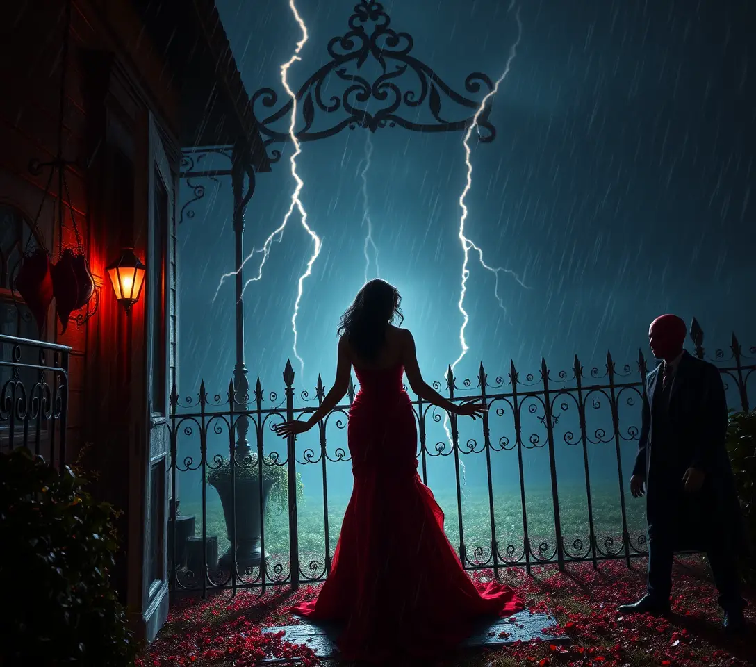 血の雨の傘をさす赤いドレスの女と嵐
