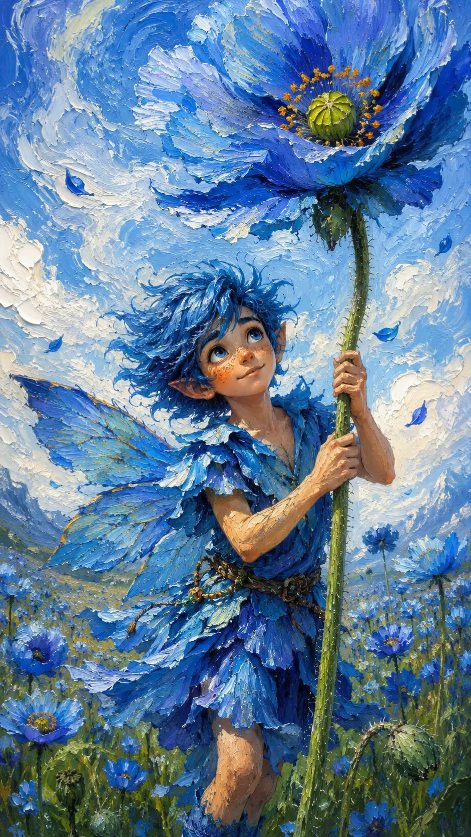 Blue haired fairy boy in a dreamy poppy field
