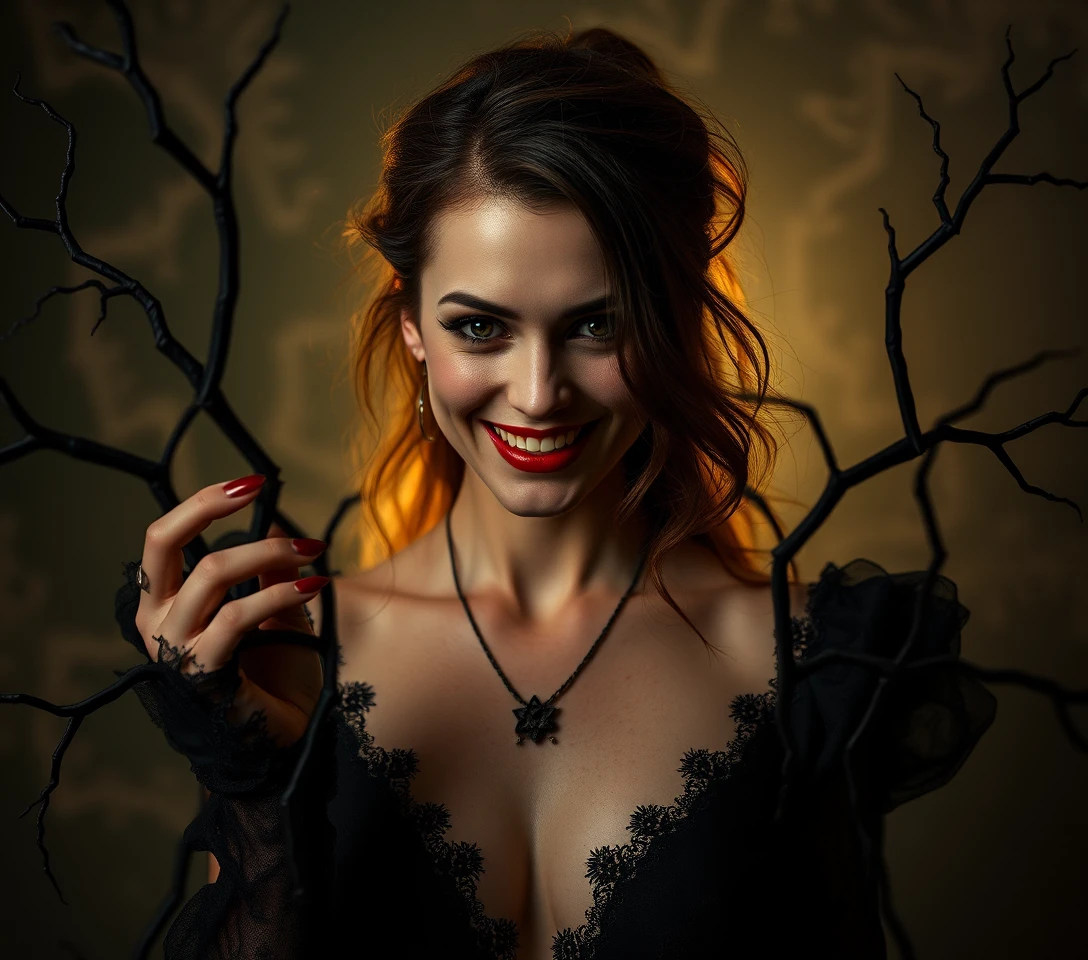 Lächelnde Frau in einer surrealen, dunklen Horror-Comedy-Szene