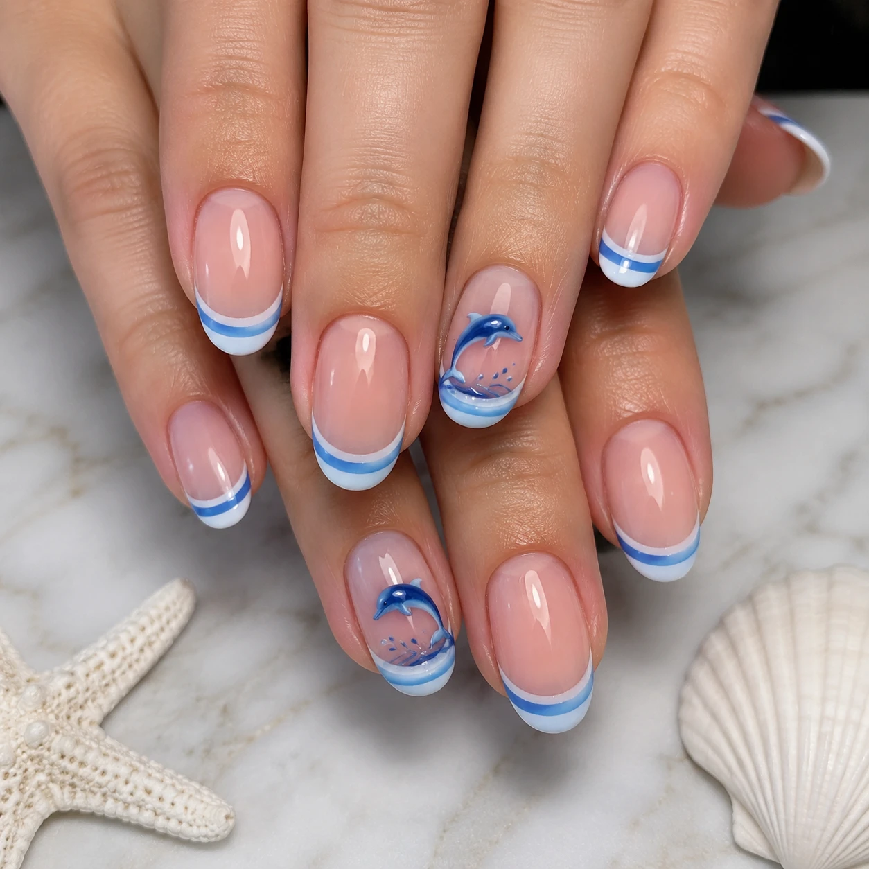 Blue and white French tip dolphin nail art design