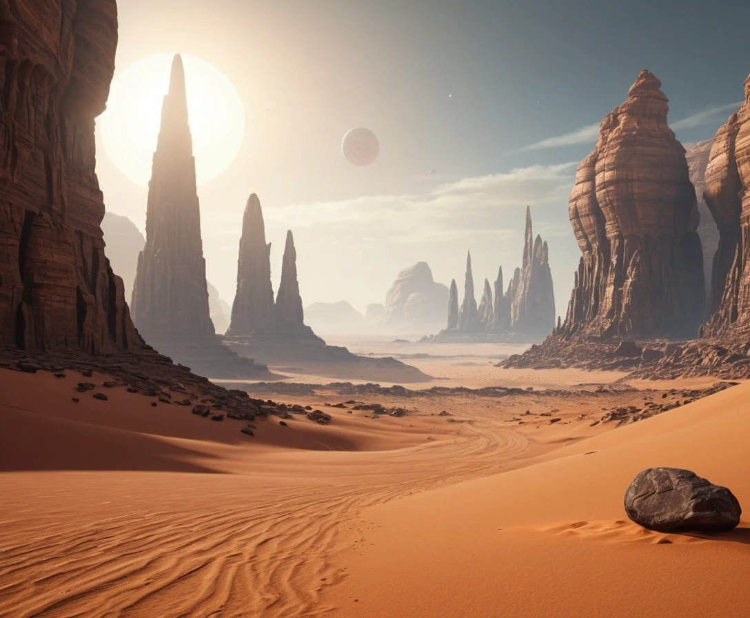 Alien desert landscape under twin suns with rocky formations