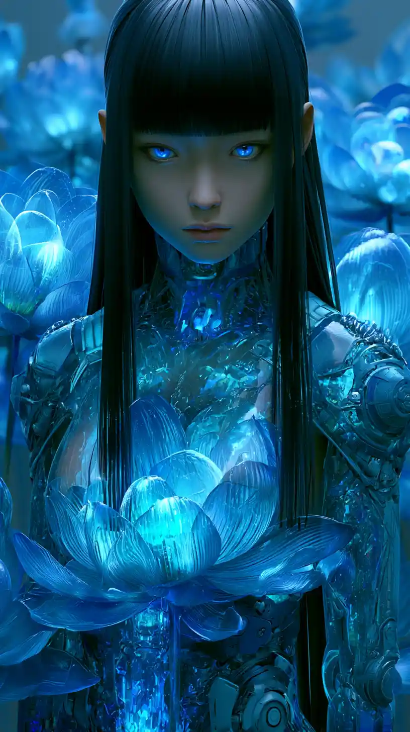 發光藍色蓮花花園中的賽博女性