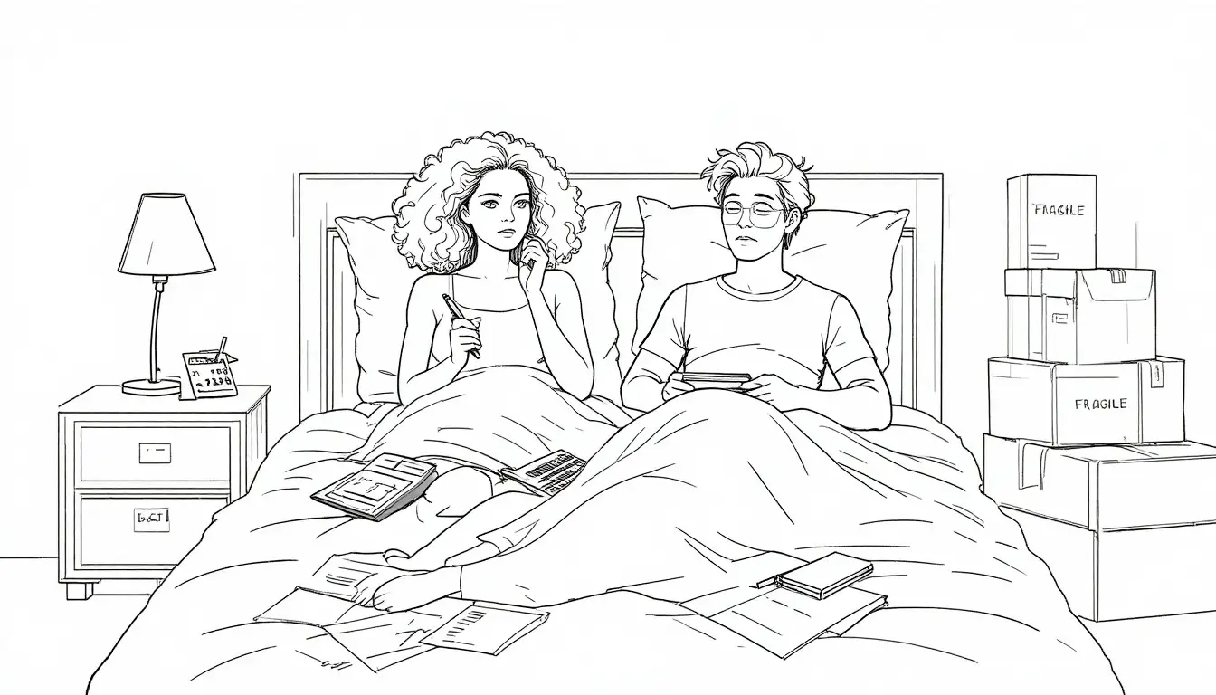 Pareja minimalista en la cama con cajas y papeleo