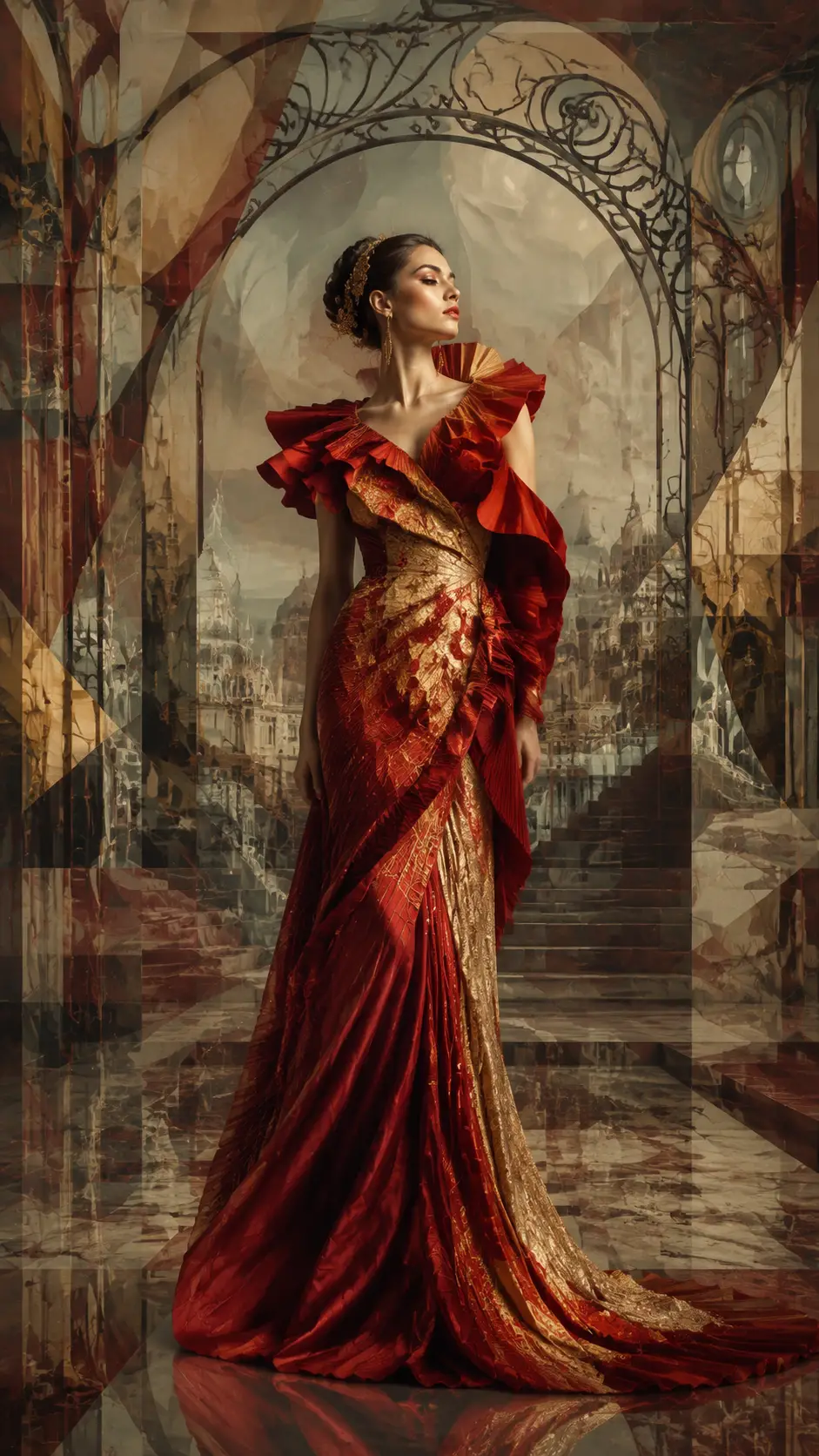 Avant garde red gown in a surreal architectural cityscape