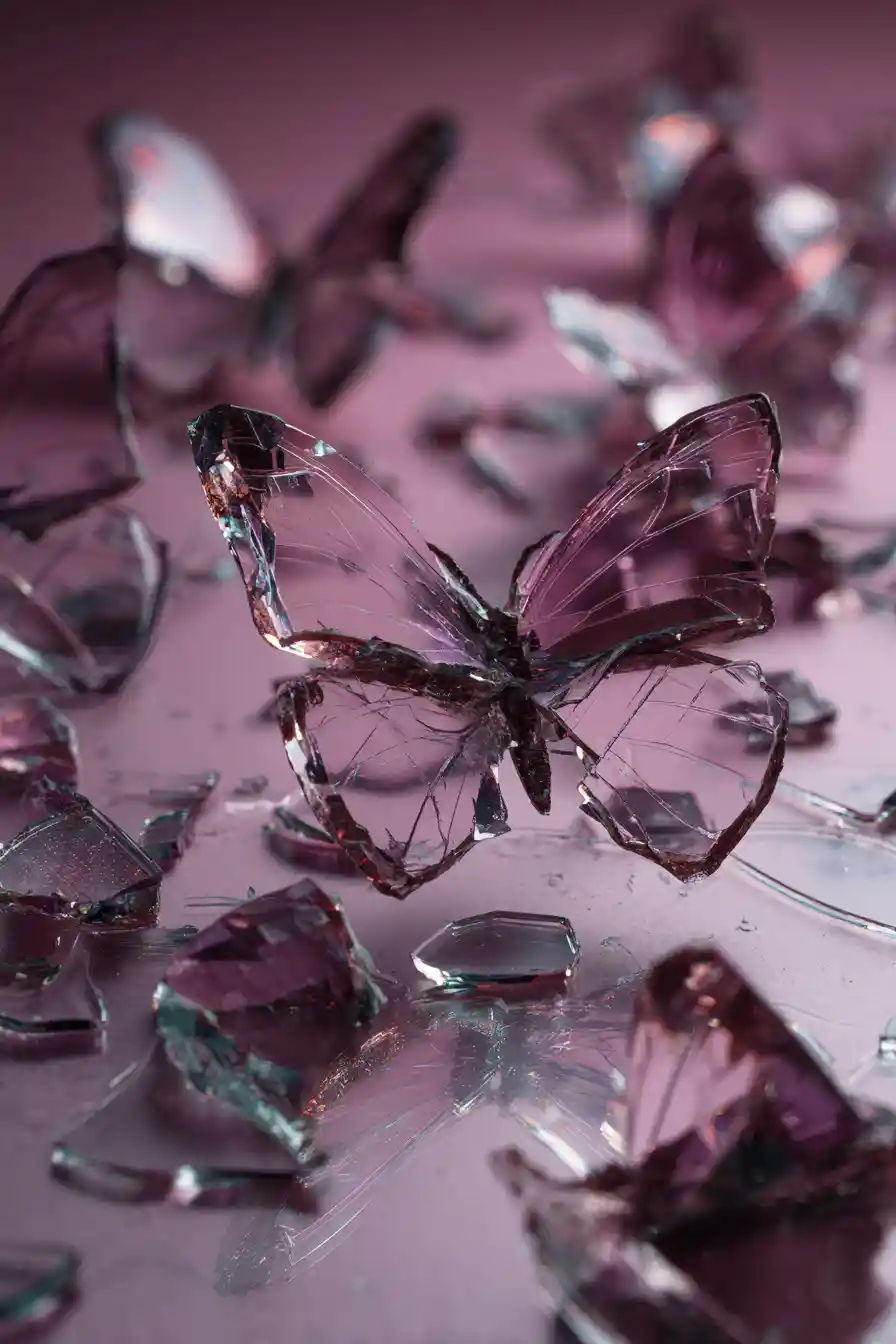 Surreale Glas-Schmetterlinge, die mit spiegelnden Spiegeln tanzen
