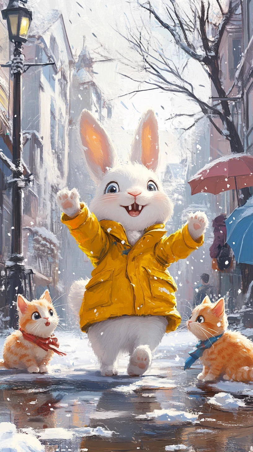 Coelho Alegre e Gatinhos em uma Rua Invernal Nevada