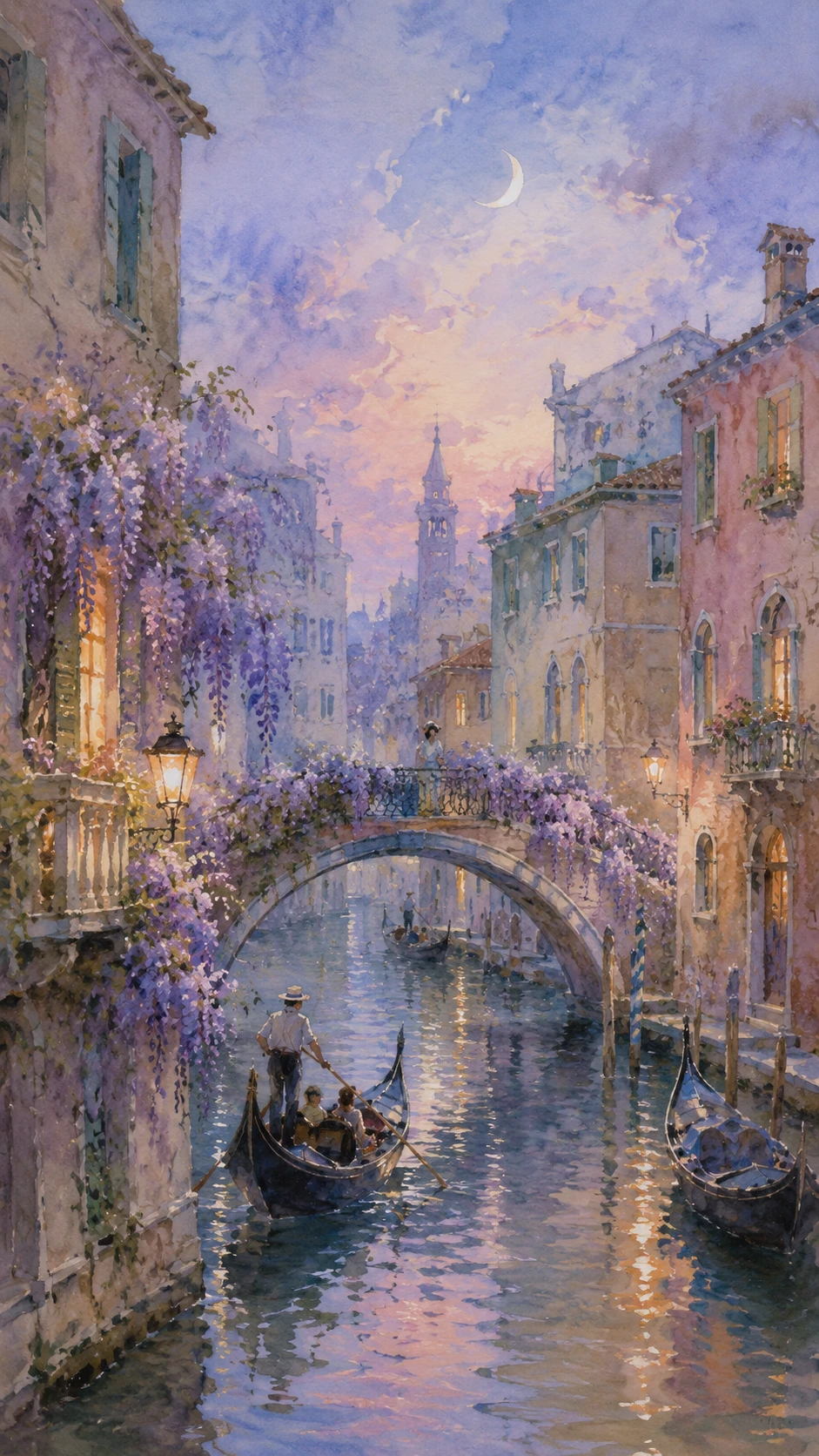 Abenddämmernde Kanalstadt mit Gondeln und pastellfarbener Uferpromenade