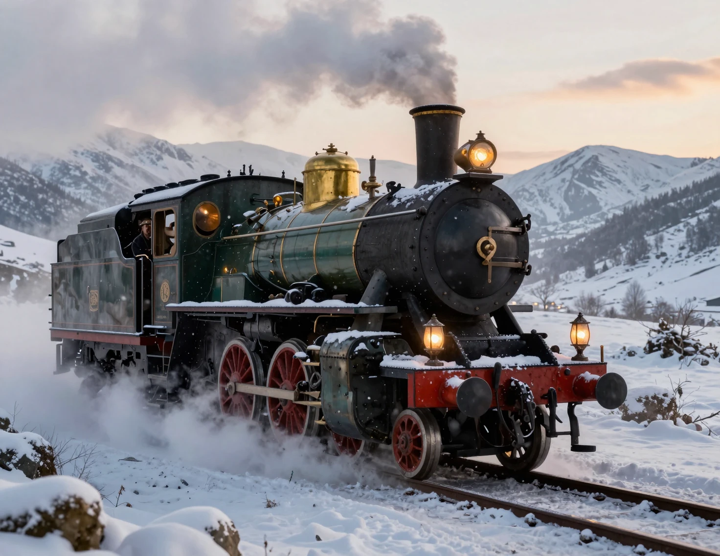 黃昏時奔馳於白雪皚皚山口的維多利亞時代蒸汽火車