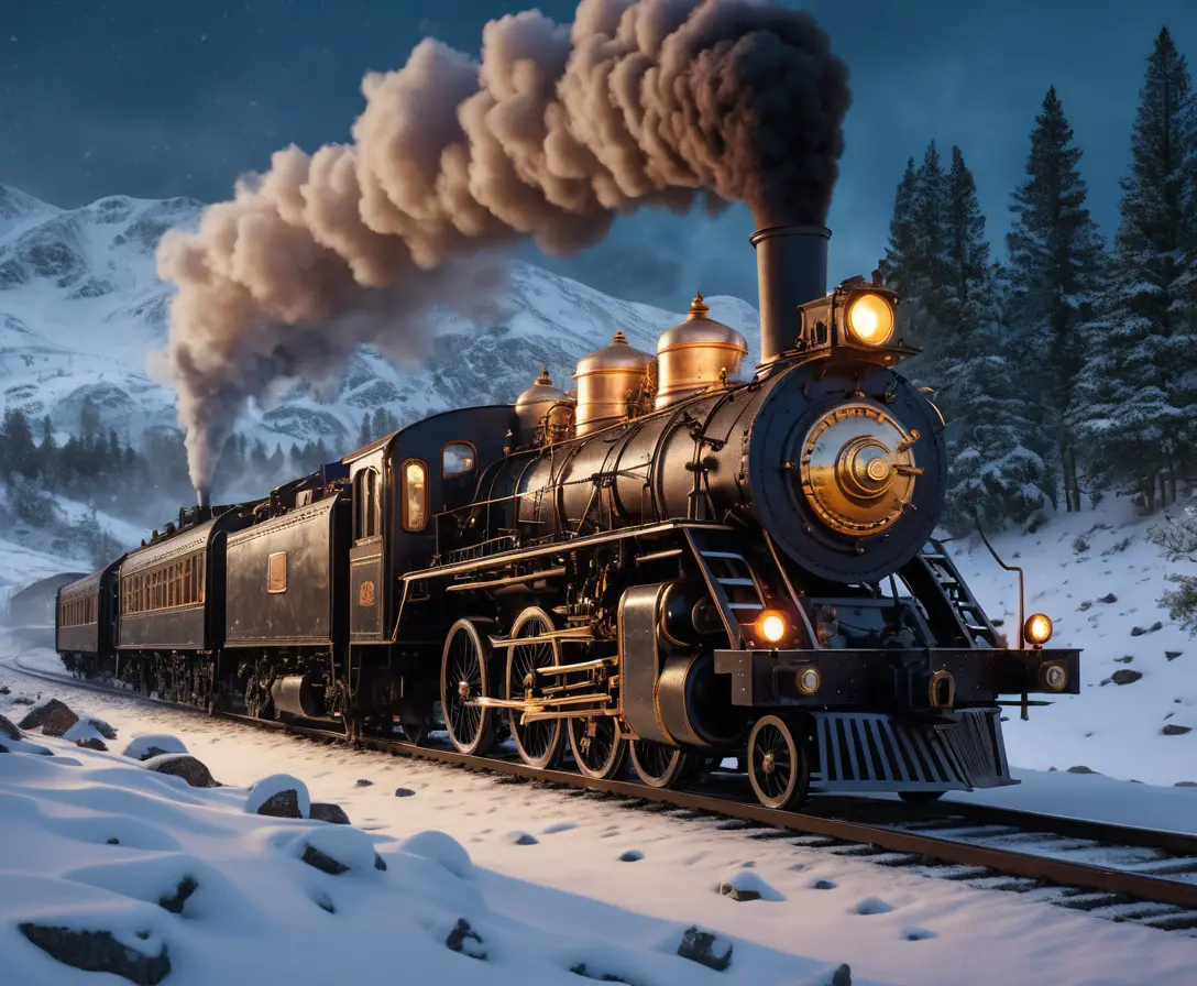維多利亞時代蒸汽火車在薄暮中疾馳穿越雪山隘口
