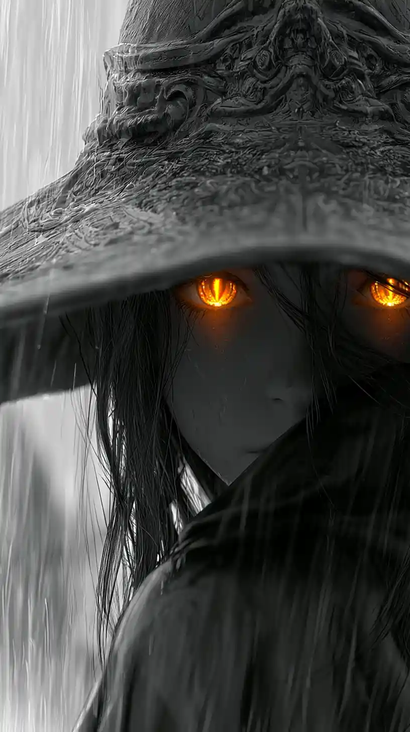 大雨の中で目を光らせるアニメ風魔女少女