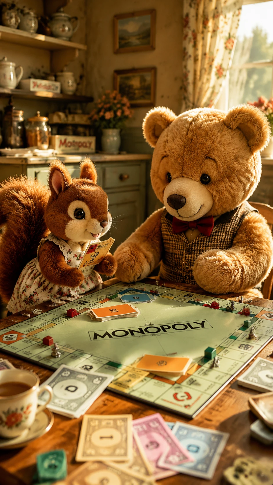 Esquilo de pelúcia e urso jogando Monopoly em um quarto ensolarado