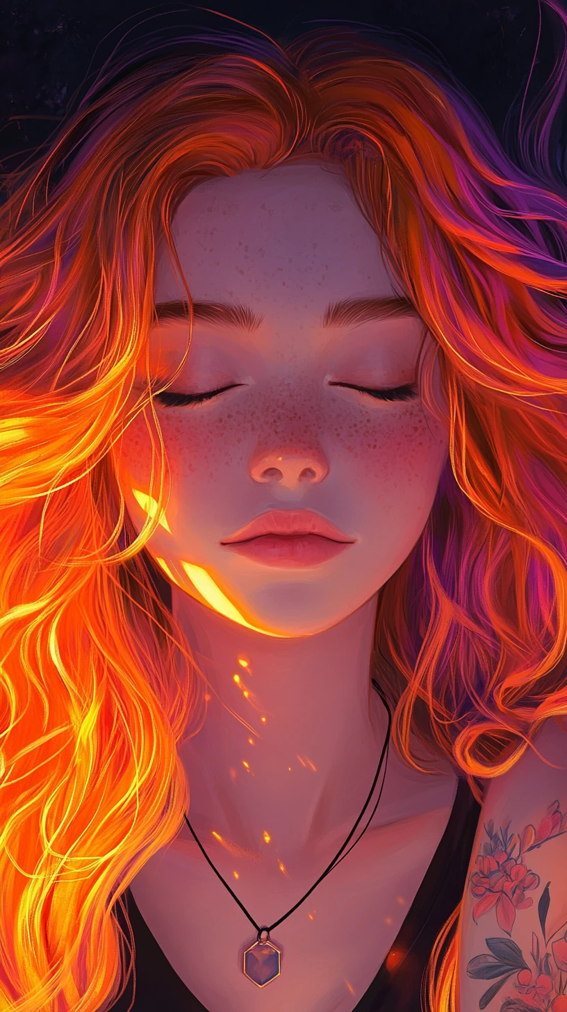 Stille Anime‑Girl mit fließendem feuerrotem Haar und Tattoo