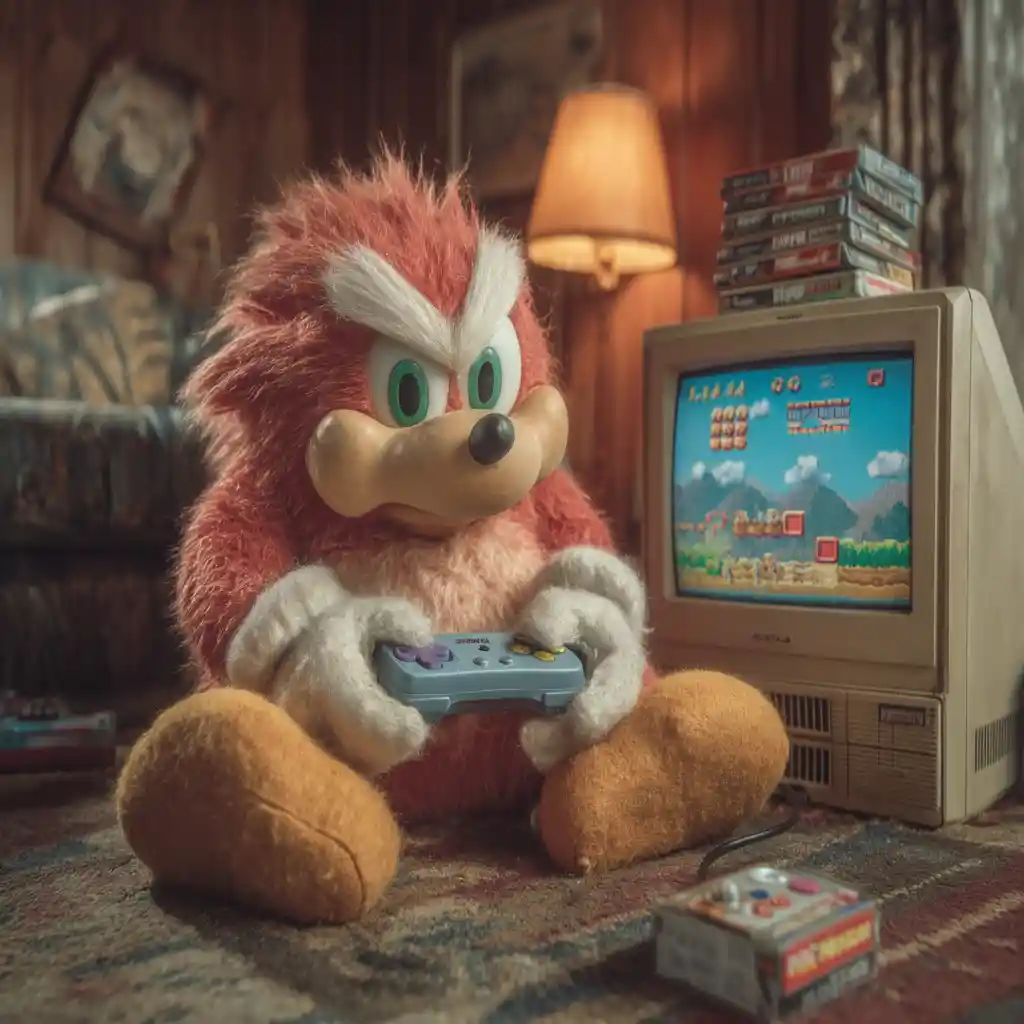 Anthropomorphic Red Creature Gaming In A 90s Living Room