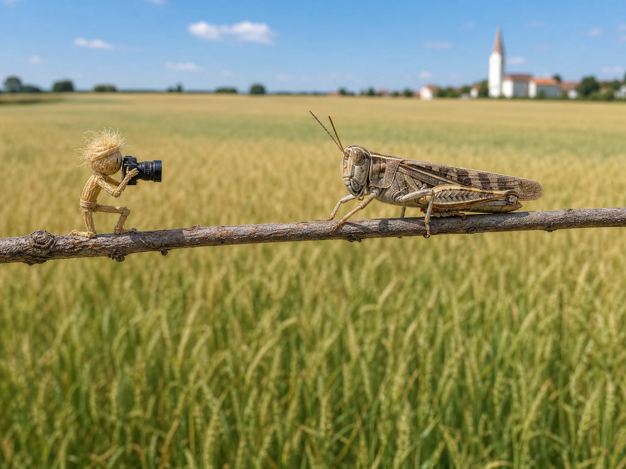 Retrato de saltamontes en un campo de trigo con diminuta figura de paja