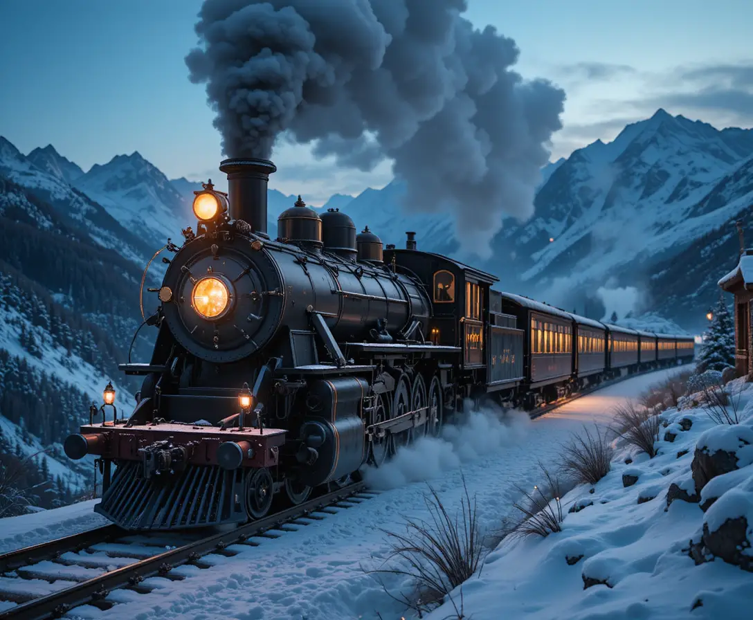 黃昏中奔馳穿越雪山隘口的維多利亞時代蒸汽火車