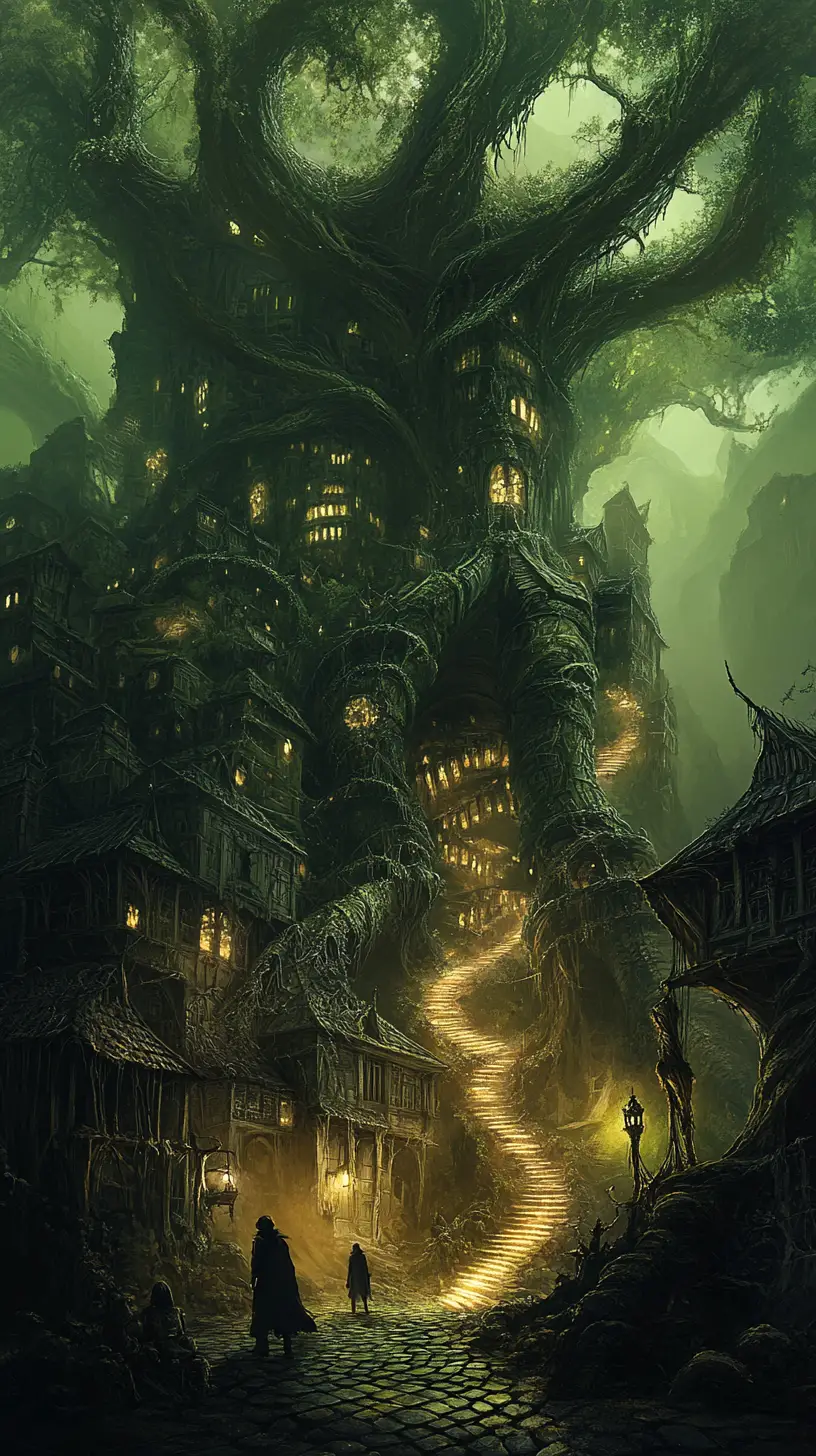 Ancient treant forest city forming a vast organic metropolis