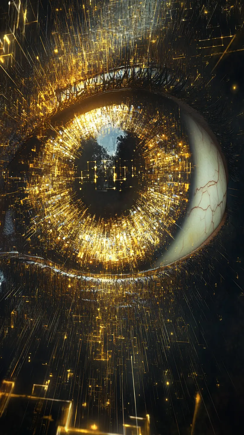 Œil flottant surréaliste avec iris rempli de fenêtres lumineuses