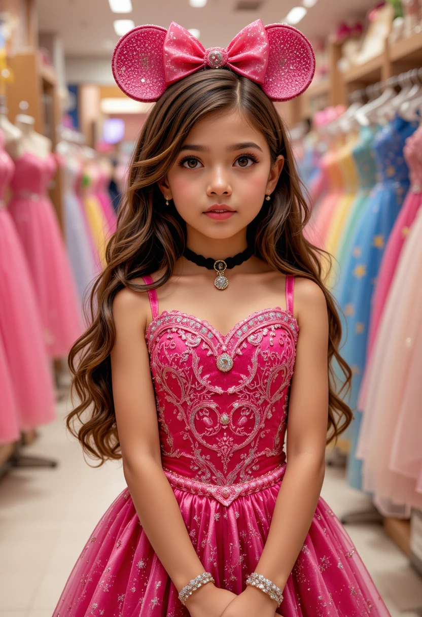 Menina pré-adolescente com vestido rosa da Minnie em loja de vestidos