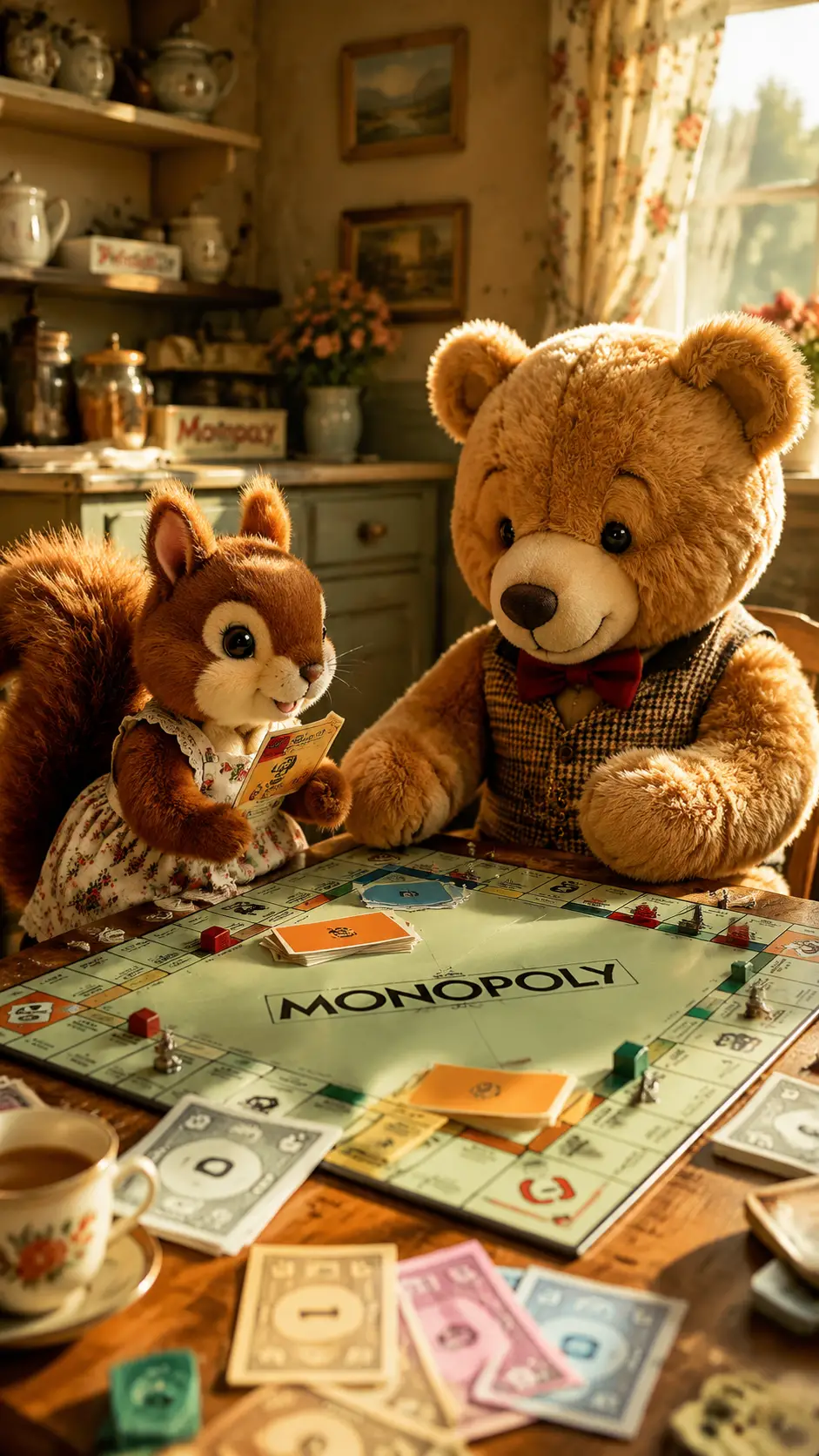 Plush squirrel and bear playing Monopoly in sunny room