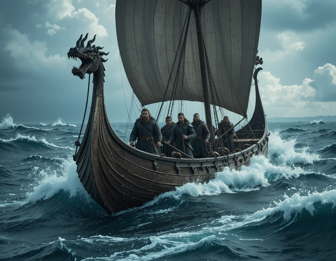 Drakkar viking affrontant les mers du Nord déchaînées sous des nuages d’orage