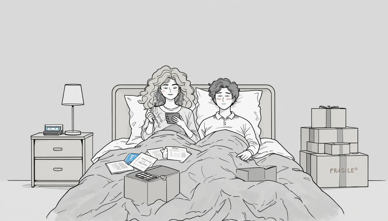 Casal na cama com papéis e caixas em estilo line art