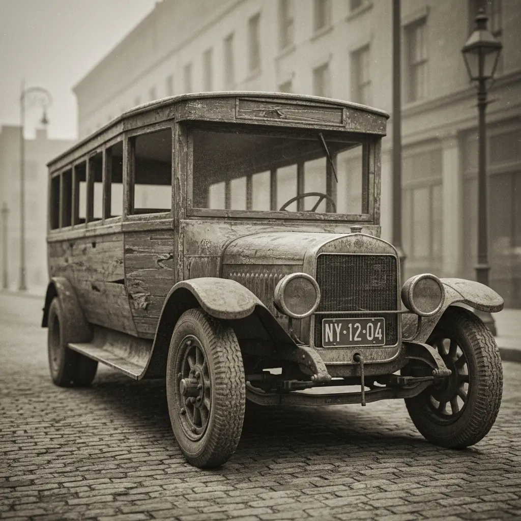 Bus du début des années 1900, usé par le temps, dans une rue urbaine délavée