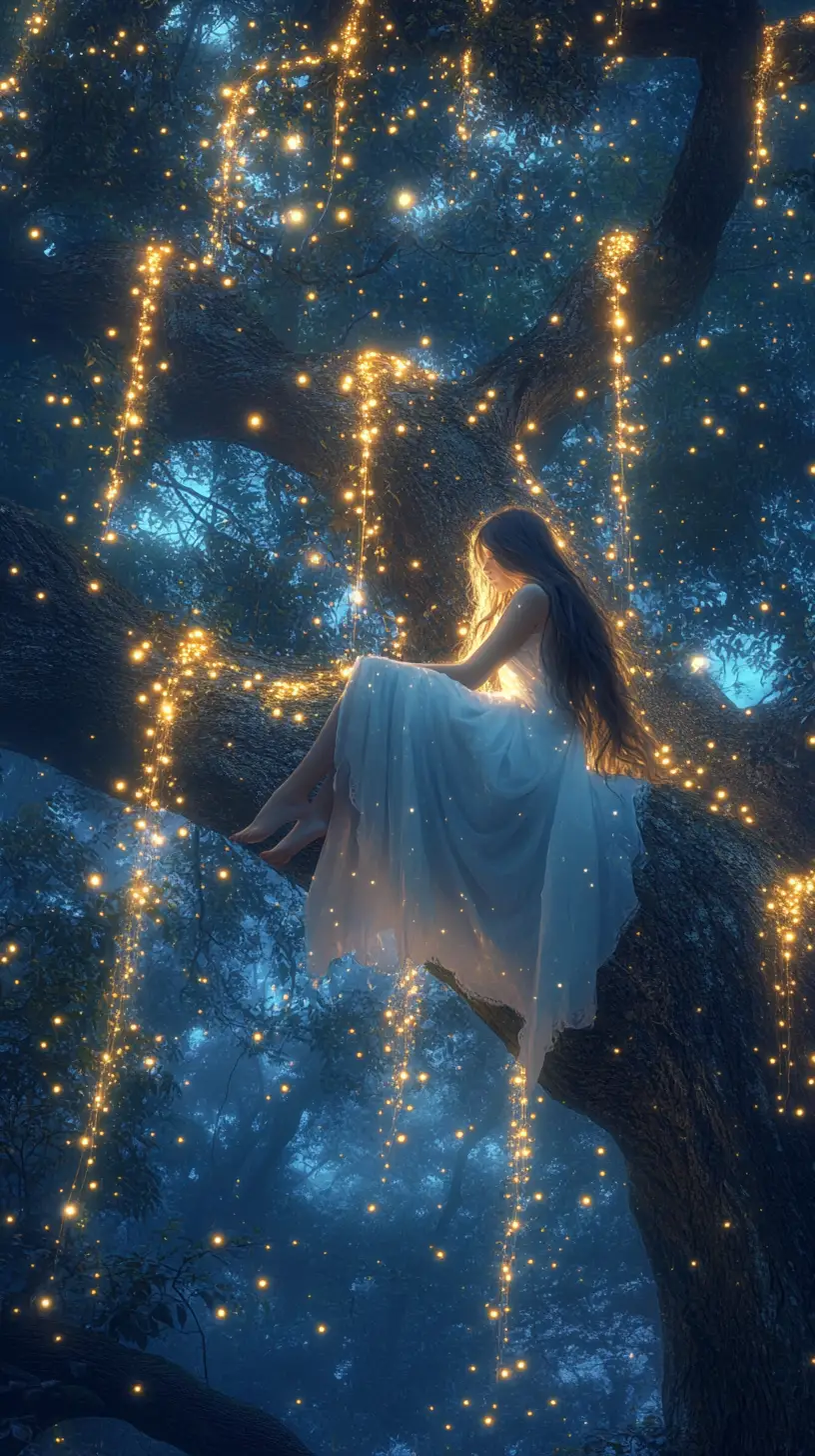 Giovane donna in abito bianco su un albero antico al crepuscolo
