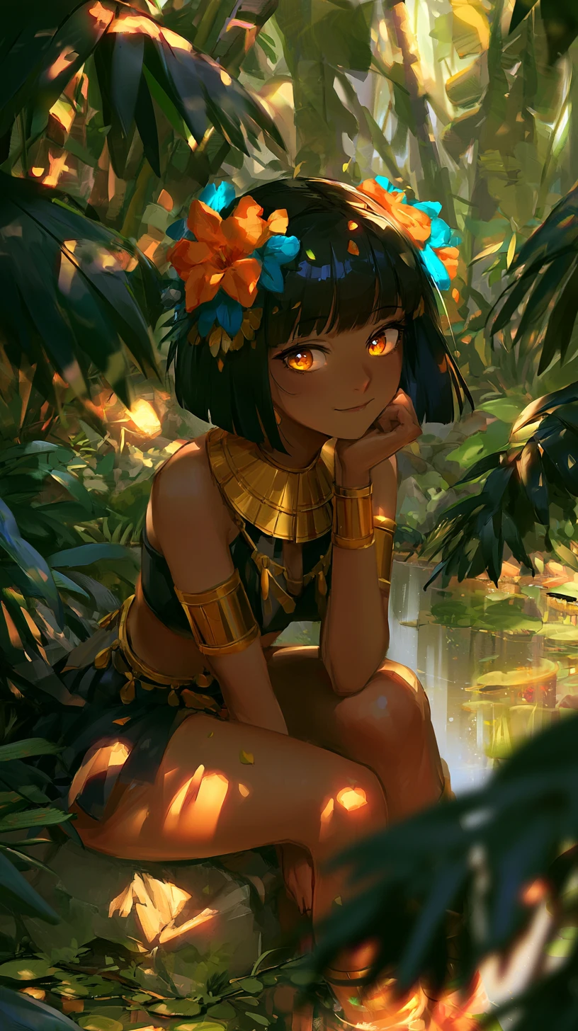 Anime-Dschungelmädchen an einem Teich im goldenen Sonnenlicht