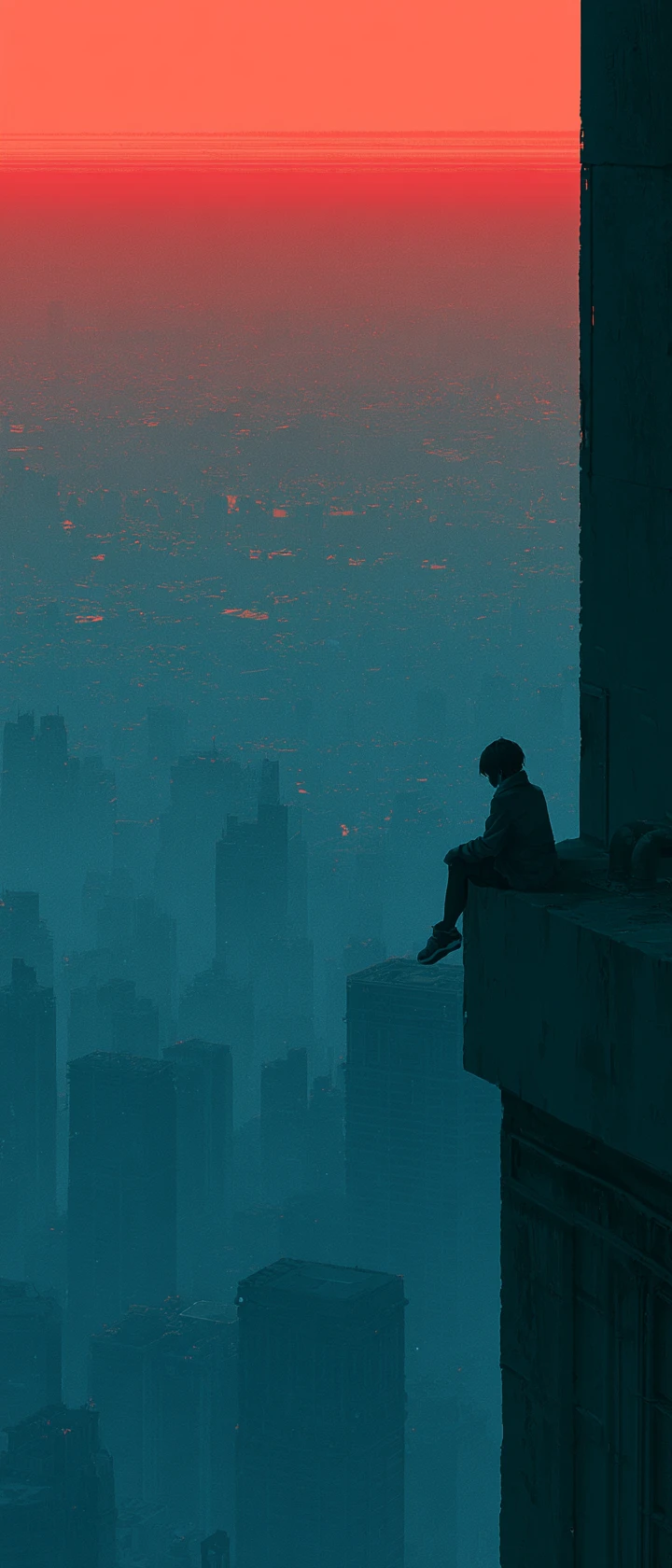 Mujer de anime en una azotea sobre una ciudad distópica llena de smog al atardecer