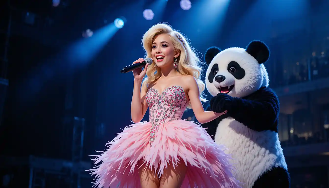Singer in pink dress performing with a panda mascot