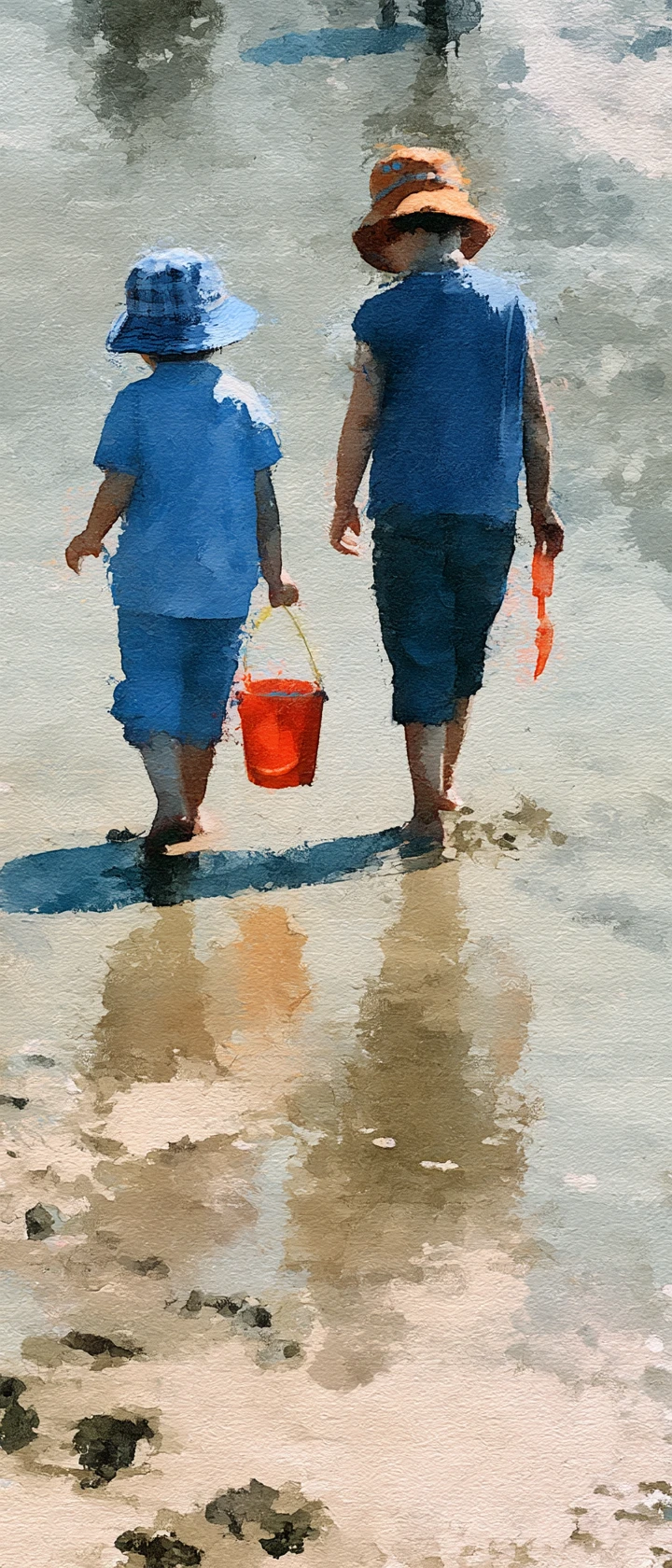 Deux enfants jouant avec un seau et une pelle sur une plage de sable