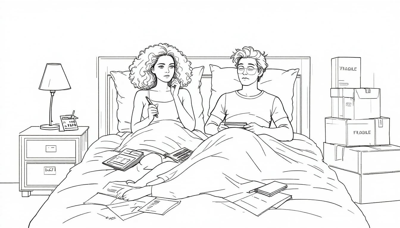 Couple minimaliste au lit avec cartons et paperasse