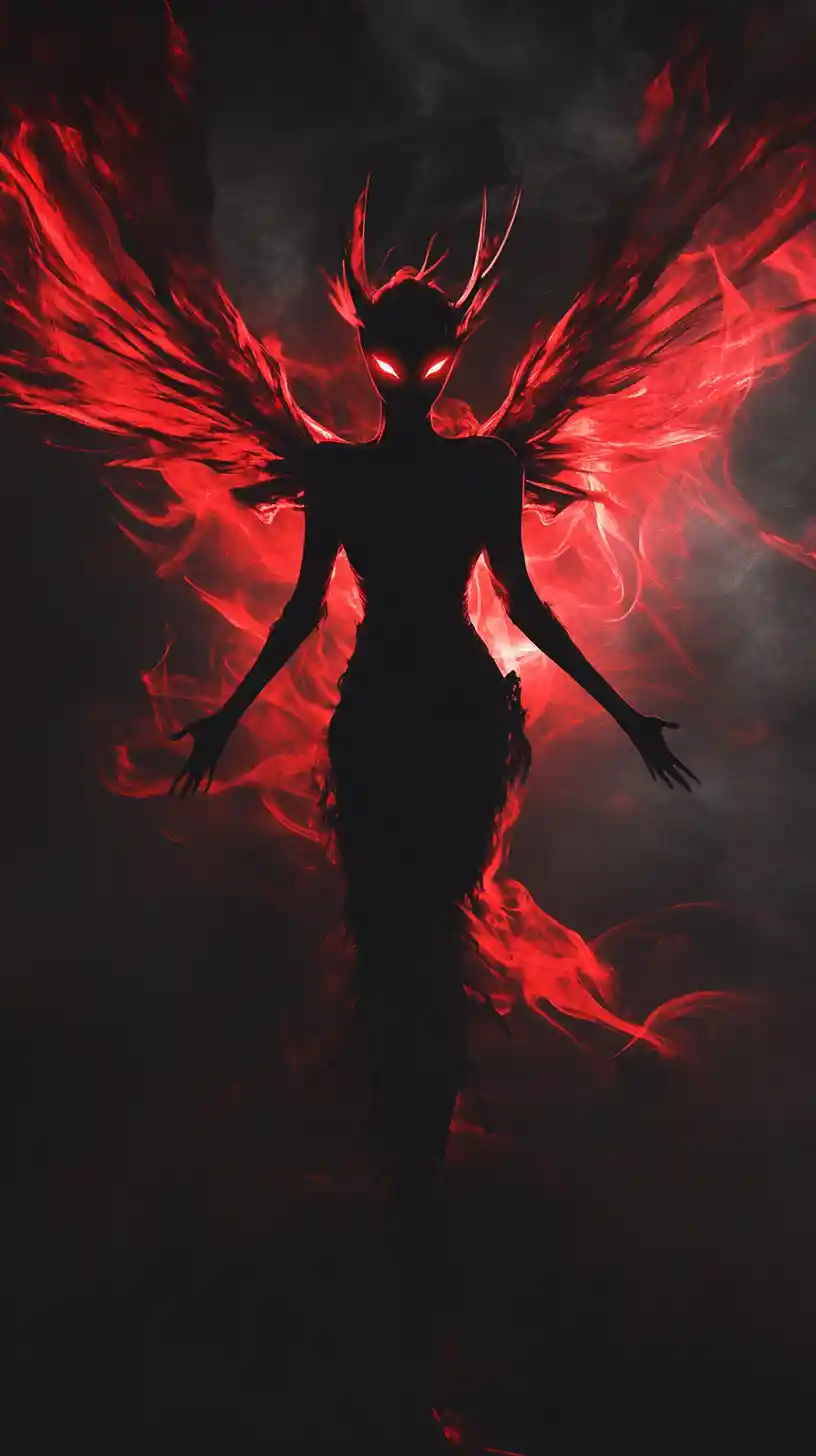 Silhouette de fée sombre avec des ailes d’énergie rouge lumineuses