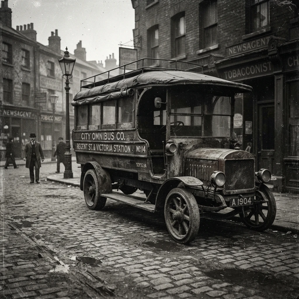 Ônibus envelhecido do início de 1900 em uma rua urbana desbotada