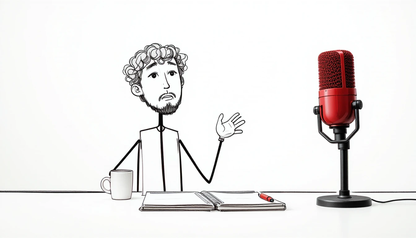 Boneco de palitos em uma mesa falando em um microfone vermelho