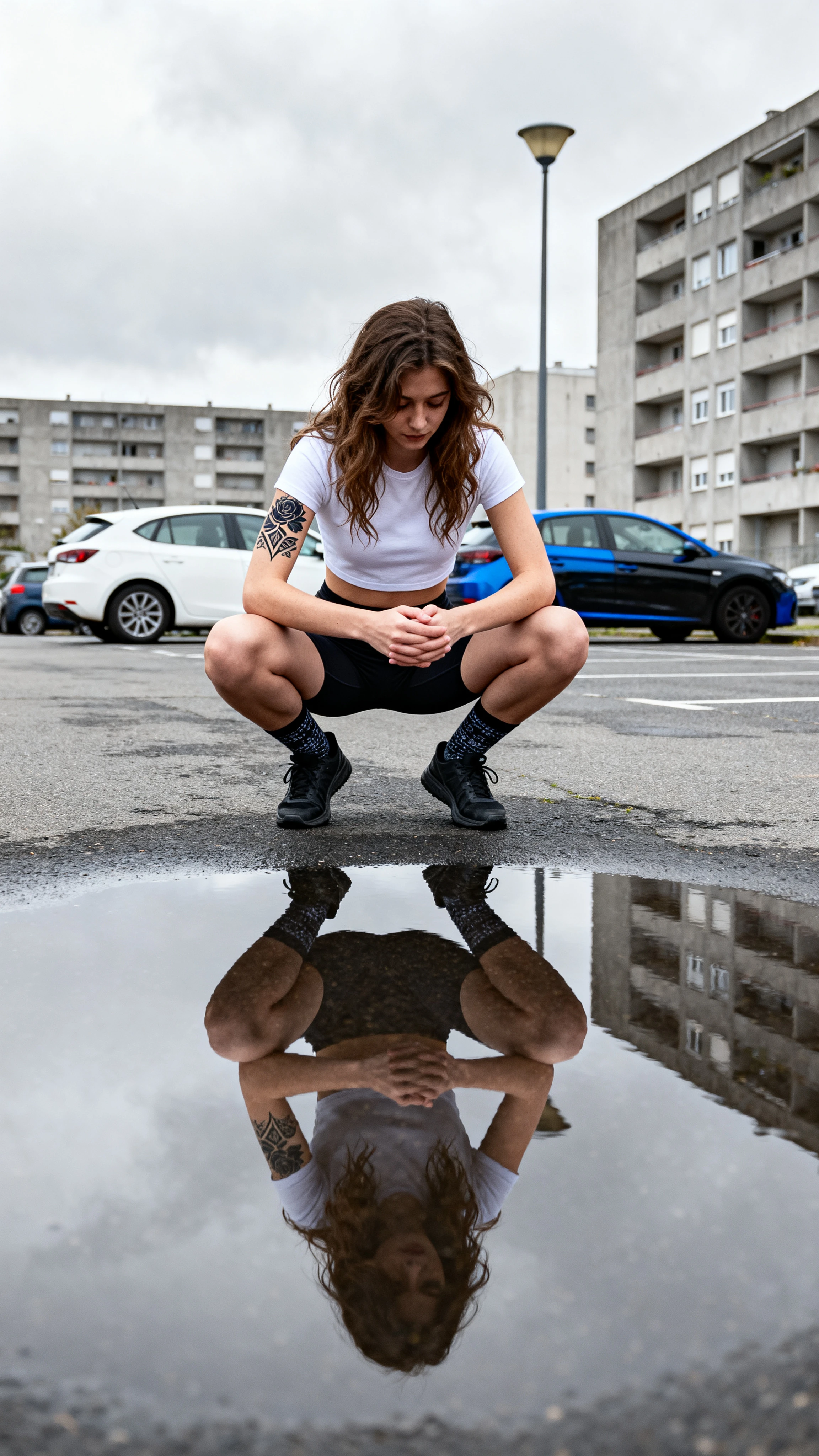 Jovem urbana agachada ao lado de uma poça refletiva