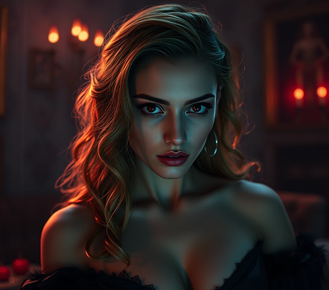 Donna sensuale ed enigmatica in una scena surreale di umorismo nero