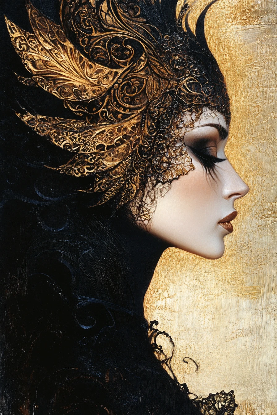 Retrato surreal de mujer mitológica en cálidos tonos tierra