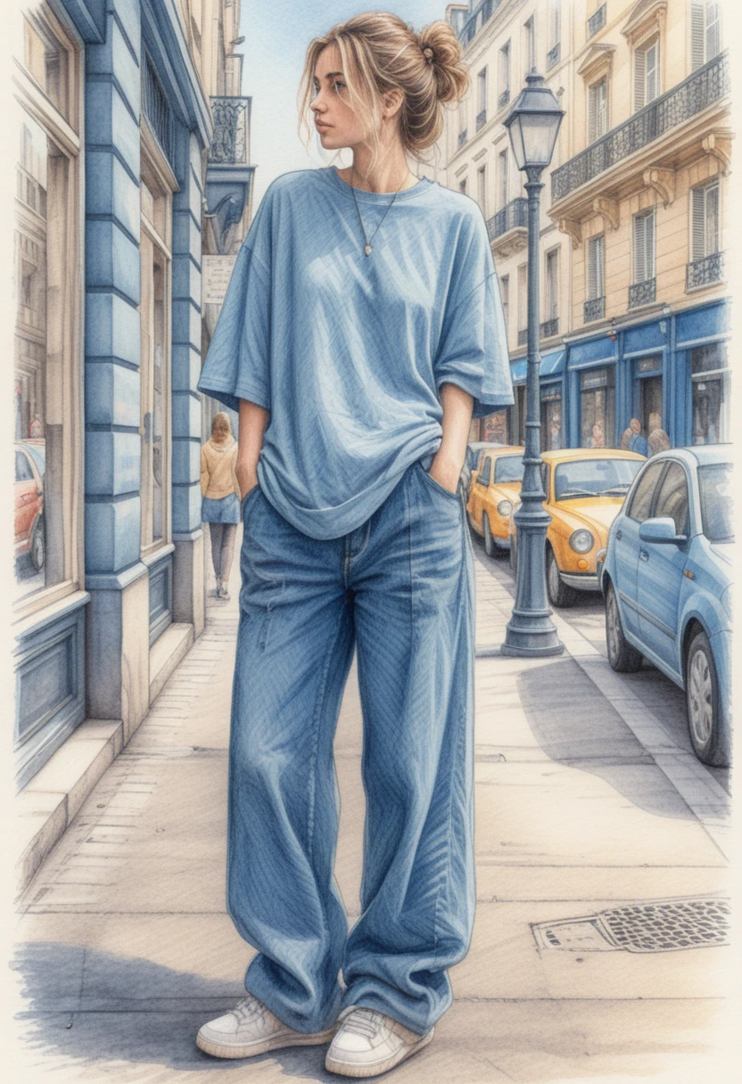 Jovem mulher com roupa oversized em uma rua de Paris