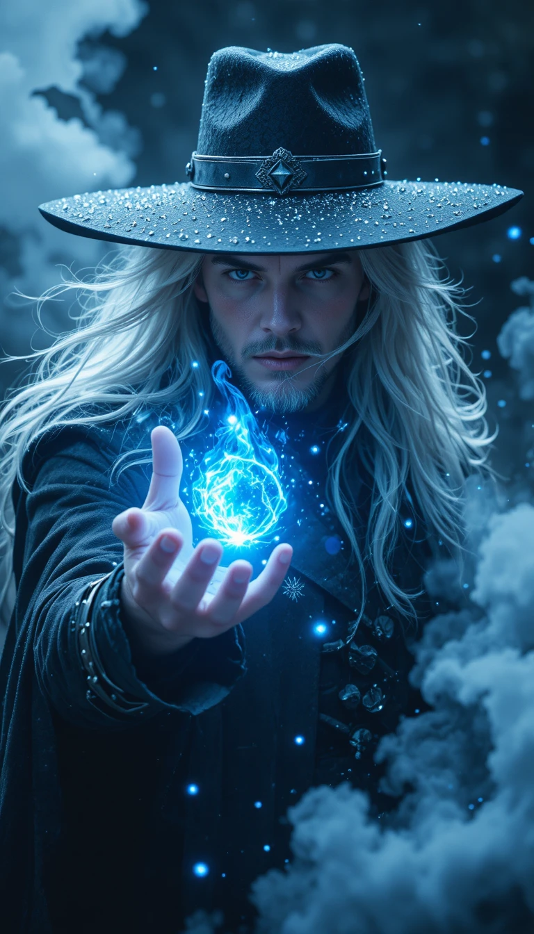 Hechicero de fantasía con magia luminosa en un retrato tormentoso