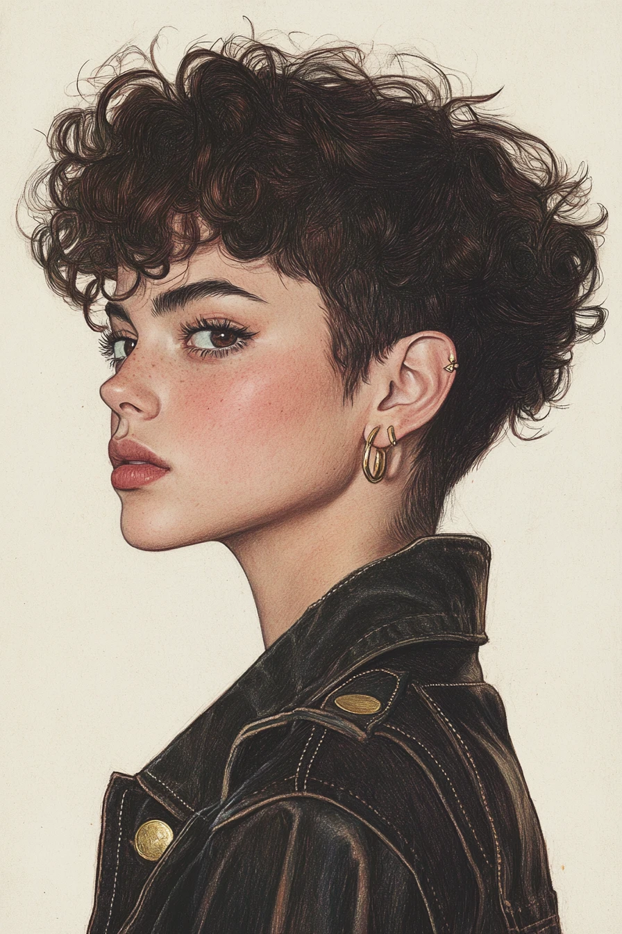 Confident young woman portrait in ink and colored pencil
